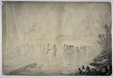 Entrevista del Capitán Cook con nativos en Adventure Bay, Tierra de Van Diemen, 29 de enero de 1777, c.1777